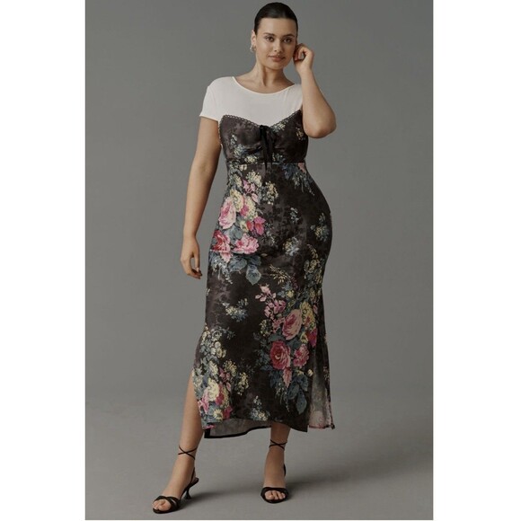 Anthropologie Twofer Midi Slip Dress Sz Lg Black Pattern - Picture 1 of 8